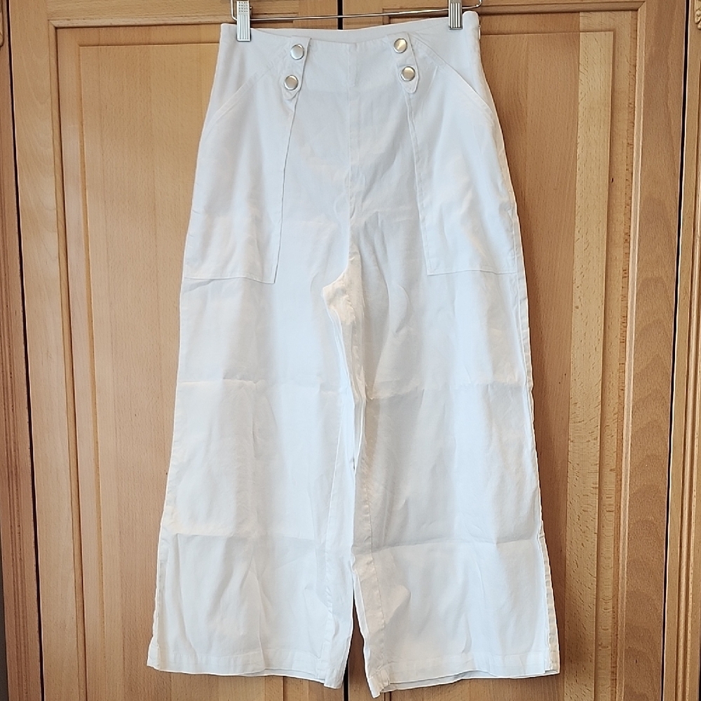 Elegant White Linen Flared Leg Trousers with Silver Buttons